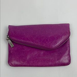 HOBO Purple soft Leather Clutch wallet purse Silver Zipper Floral lined pockets